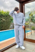 Мужской Утепленный Серый Костюм Оверсайз на Флисе (Свитшот + Штаны)