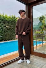 Мужской Утепленный Коричневый Костюм Оверсайз на Флисе (Свитшот + Штаны)