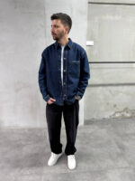 Мужская Базовая Темно-Синяя Джинсовая Рубашка Свободного Кроя на Кнопках