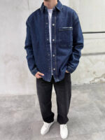 Мужская Базовая Темно-Синяя Джинсовая Рубашка Свободного Кроя на Кнопках