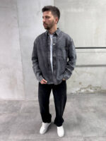 Мужская Базовая Темно-Серая Джинсовая Рубашка Свободного Кроя на Кнопках