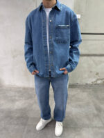 Мужская Базовая Голубая Джинсовая Рубашка Свободного Кроя на Кнопках