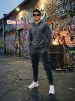 Мужской Утепленный Темно-Серый Велюровый Спортивный Костюм (Худи + Штаны)