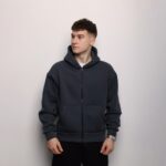 Мужская Утепленная Графитовая Кофта на Молнии с Капюшоном - Базовое Зип Худи на Флисе