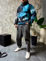 Мужской Утепленный Синий Анорак Плащевка с Капюшоном в Принт