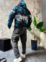 Мужской Утепленный Синий Анорак Плащевка с Капюшоном в Принт