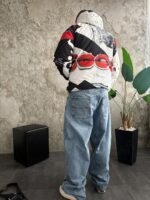 Мужской Утепленный Белый Анорак Плащевка с Капюшоном в Принт Губы