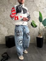 Мужской Утепленный Белый Анорак Плащевка с Капюшоном в Принт Губы