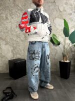 Мужской Утепленный Белый Анорак Плащевка с Капюшоном в Принт Губы