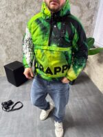 Мужской Утепленный Зеленый Анорак Плащевка с Капюшоном в Принт Птица