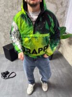 Мужской Утепленный Зеленый Анорак Плащевка с Капюшоном в Принт Птица