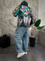 Мужской Утепленный Зеленый Анорак Плащевка с Капюшоном в Яркий Принт