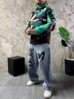 Мужской Утепленный Зеленый Анорак Плащевка с Капюшоном в Принт Крик