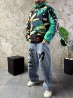 Мужской Утепленный Зеленый Анорак Плащевка с Капюшоном в Принт Крик