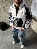 Мужской Утепленный Белый Анорак Плащевка с Капюшоном в Принт Кане-Корсо