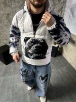 Мужской Утепленный Белый Анорак Плащевка с Капюшоном в Принт Кане-Корсо