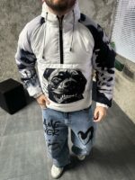 Мужской Утепленный Белый Анорак Плащевка с Капюшоном в Принт Кане-Корсо