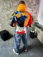 Мужской Утепленный Оранжевый Анорак Плащевка с Капюшоном в Яркий Принт