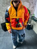 Мужской Утепленный Оранжевый Анорак Плащевка с Капюшоном в Яркий Принт