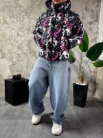 Мужская Зимняя Черная Куртка с Капюшоном и Высоким Горлом - Пуховик в Принт Панды