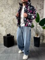 Мужская Зимняя Черная Куртка с Капюшоном и Высоким Горлом - Пуховик в Принт Панды