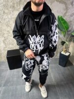 Мужской Черный Спортивный Костюм Плащевка в Принт Доберманы (Анорак + Джоггеры)