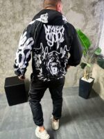 Мужской Черный Спортивный Костюм Плащевка в Принт Доберманы (Анорак + Джоггеры)
