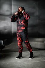 Мужской Черный Спортивный Костюм Плащевка в Красный Принт (Анорак + Джоггеры)