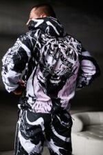 Мужской Черный Спортивный Костюм Плащевка в Принт Тигр (Анорак + Джоггеры)