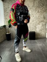 Мужской Черный Спортивный Костюм Плащевка в Принт Скрудж МакДак (Анорак + Джоггеры)