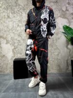 Мужской Черный Спортивный Костюм Плащевка в Принт Череп (Анорак + Джоггеры)