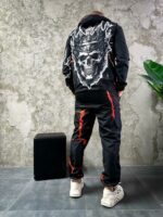 Мужской Черный Спортивный Костюм Плащевка в Принт Череп (Анорак + Джоггеры)