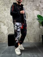 Мужской Черный Спортивный Костюм Плащевка в Принт Череп (Анорак + Джоггеры)