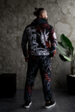 Мужской Черный Спортивный Костюм Плащевка в Принт Панк (Анорак + Джоггеры)