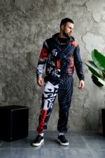 Мужской Черный Спортивный Костюм Плащевка в Принт Япония (Анорак + Джоггеры)