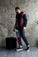 Мужской Черный Спортивный Костюм Плащевка в Принт Япония (Анорак + Джоггеры)