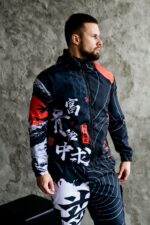 Мужской Черный Спортивный Костюм Плащевка в Принт Япония (Анорак + Джоггеры)