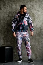 Мужской Белый Спортивный Костюм Плащевка в Принт Граффити (Анорак + Джоггеры)