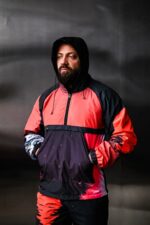 Мужской Черно-Красный Спортивный Костюм Плащевка с Принтом Закат Волна (Анорак + Джоггеры)