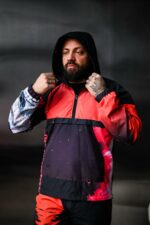 Мужской Черно-Красный Спортивный Костюм Плащевка с Принтом Закат Волна (Анорак + Джоггеры)