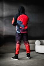 Мужской Черно-Красный Спортивный Костюм Плащевка с Принтом Закат Волна (Анорак + Джоггеры)