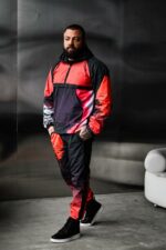 Мужской Черно-Красный Спортивный Костюм Плащевка с Принтом Закат Волна (Анорак + Джоггеры)
