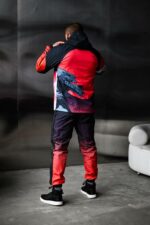 Мужской Черно-Красный Спортивный Костюм Плащевка с Принтом Закат Волна (Анорак + Джоггеры)