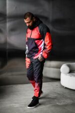 Мужской Черно-Красный Спортивный Костюм Плащевка с Принтом Закат Волна (Анорак + Джоггеры)