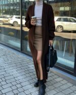 Женский Удлиненный Свободный Пушистый Коричневый Кардиган