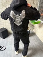 Мужской Графитовый Спортивный Костюм на Молнии с Принтом Птица на Спине (На Флисе)