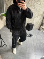 Мужской Графитовый Спортивный Костюм на Молнии с Принтом Птица на Спине (На Флисе)