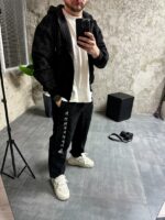 Мужской Графитовый Спортивный Костюм на Молнии с Принтом Птица на Спине (На Флисе)