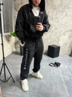 Мужской Графитовый Спортивный Костюм на Молнии с Принтом Птица на Спине (На Флисе)