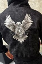 Мужской Графитовый Спортивный Костюм на Молнии с Принтом Птица на Спине (На Флисе)